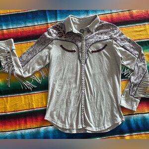 Double D Ranch Gray Button Down Shirt with Black Floral Design